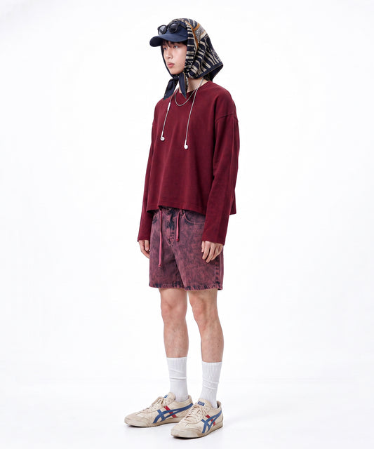 【C Wear シーウエア】Men's Crop Long Sleeve T-Shirt Burgundy