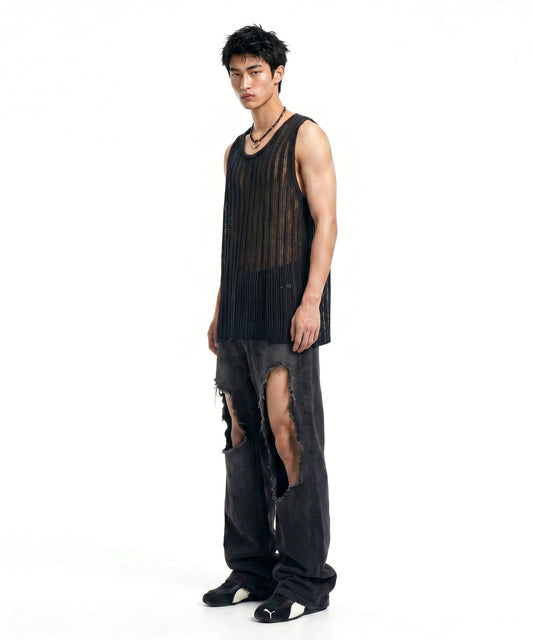 【C Wear シーウエア】SHEER CRAFT KNIT SLEEVELESS BLACK