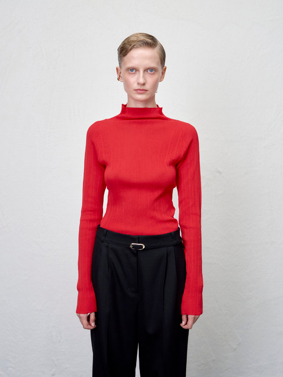 【ARIK. アリク AW】MINCHIR lettuce edge high neck knit top Red