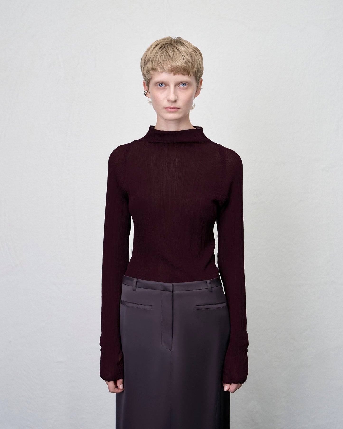 【ARIK. アリク AW】MINCHIR lettuce edge high neck knit top Burgundy Brown