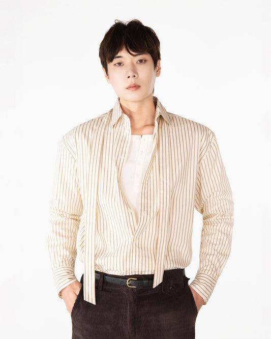【REVURA レビュ―ラ】BRILLER PIN STRIPE SHIRTS - BROWN