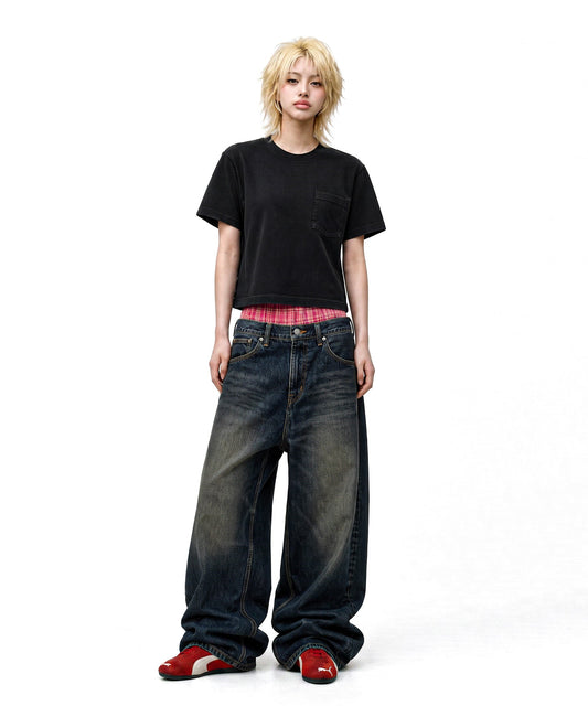 【C Wear シーウエア】Pocket Oversized Crop T-Shirt Black
