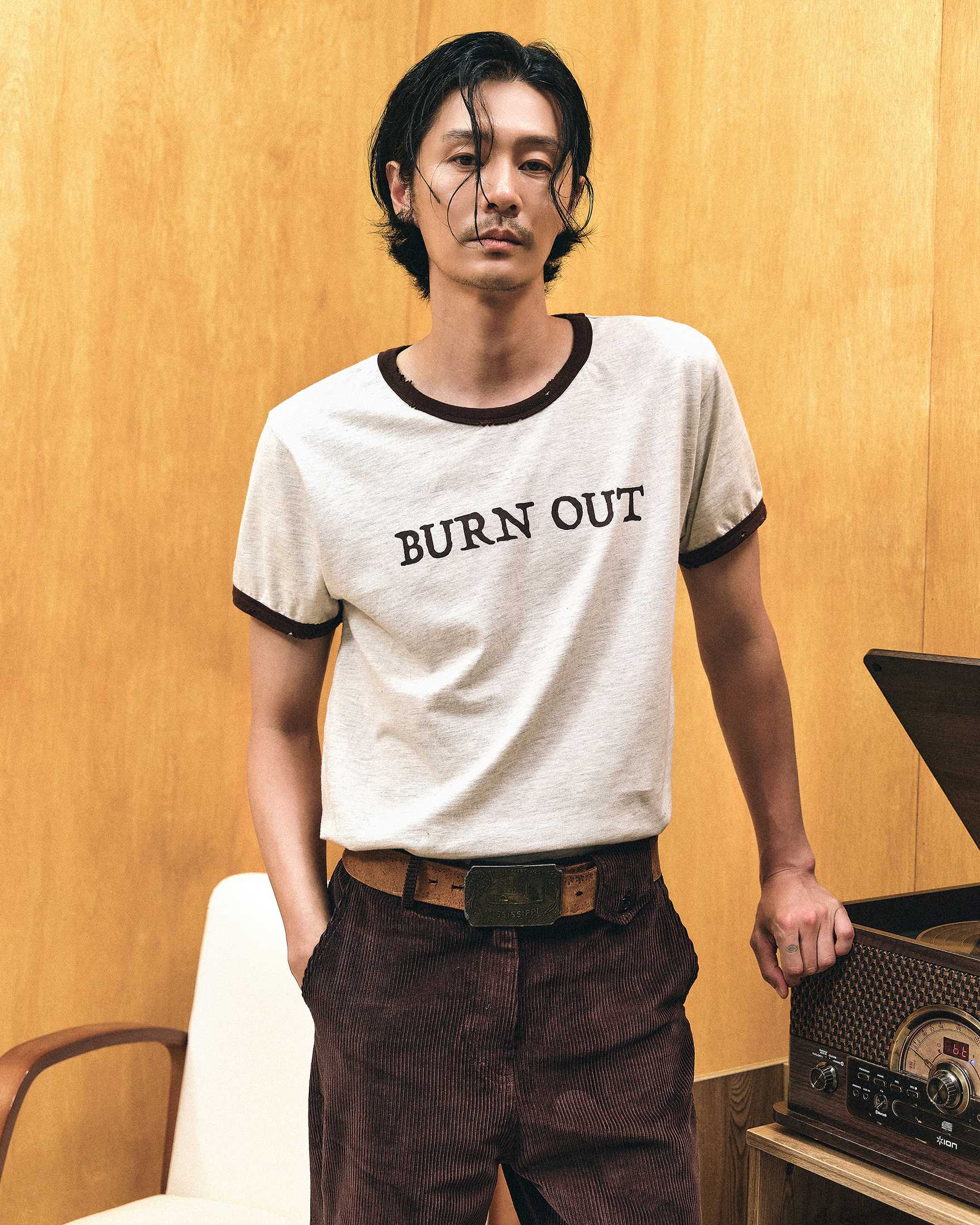 REVURA バーンアウト フレイ リンガーTシャツ オートミールブラウン 