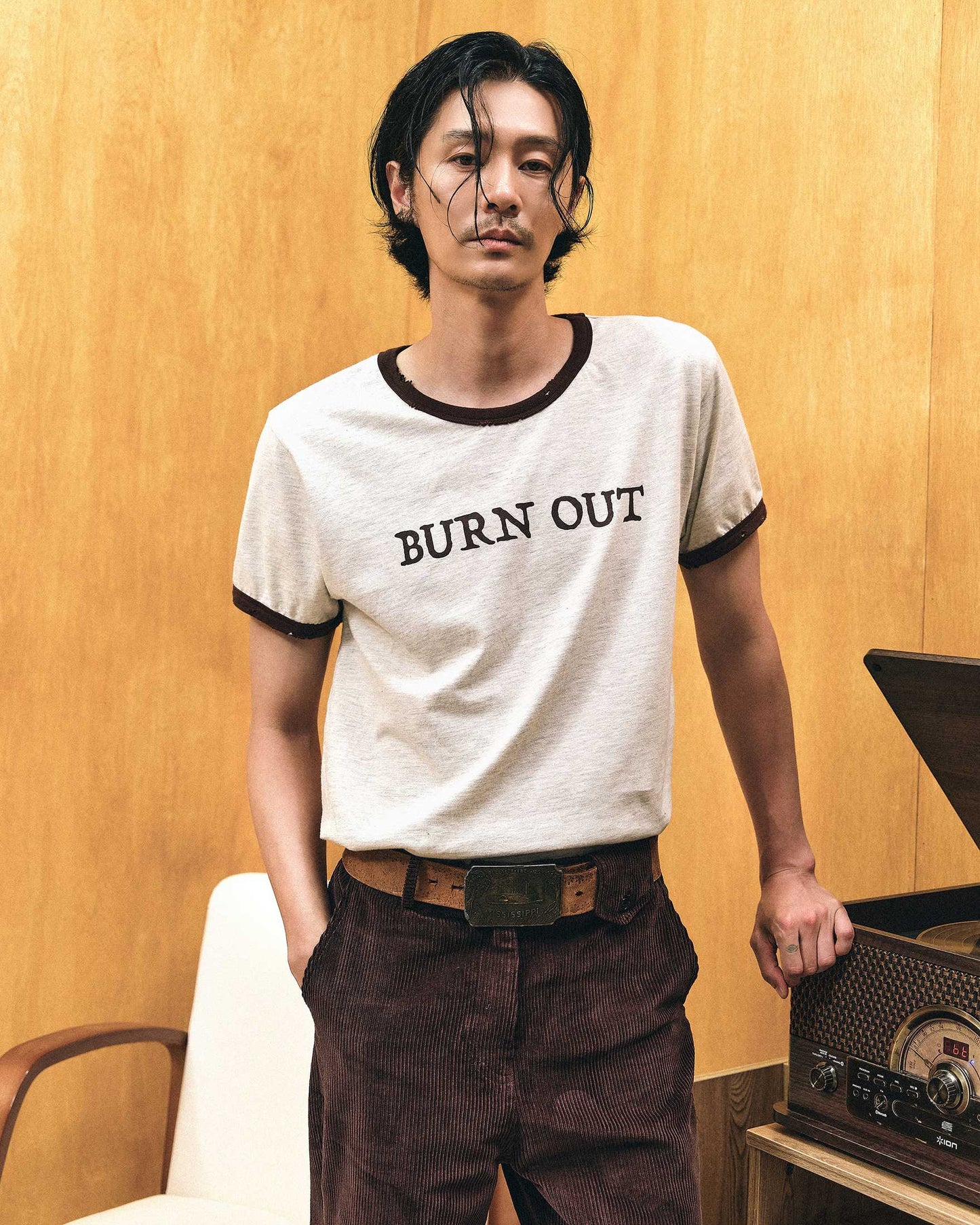 【REVURA レビュ―ラ】BURN OUT FRAY RINGER T-SHIRT OATMEAL / BROWN - UNISEX