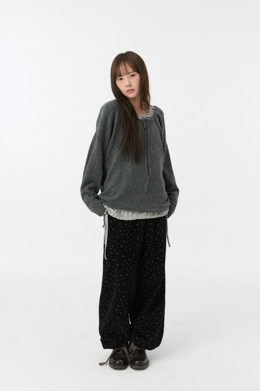 FLORAL CORDUROY BANDING PANTS, BLACK