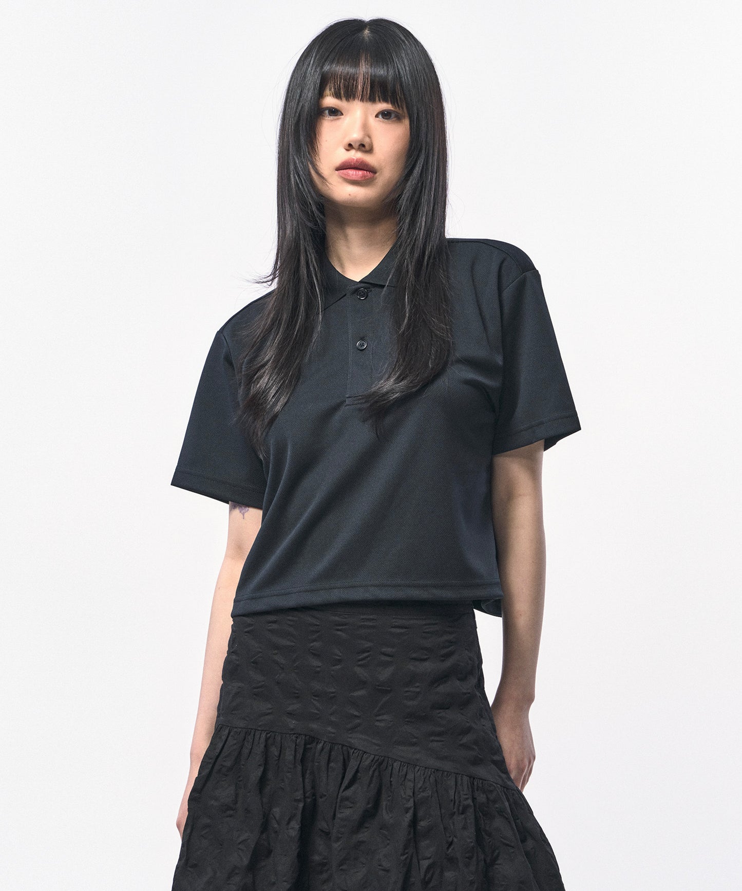 c wear mens crop pique polo shirt black クロップポロシャツ ブラック 着用