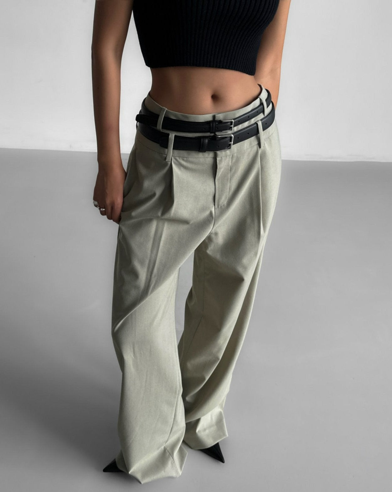 PAPERMOON Ladys] AW Double Waisted Pin - Tuck Wide Trousers Double