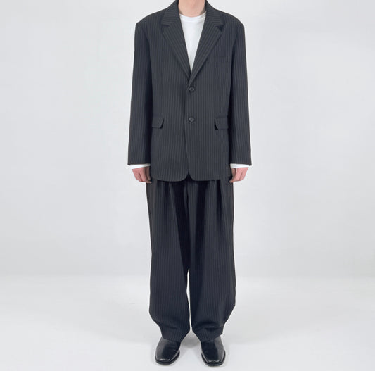 MAGNOLIA pinstripe wide-leg pleated trousers - CHARCOAL, worn styling