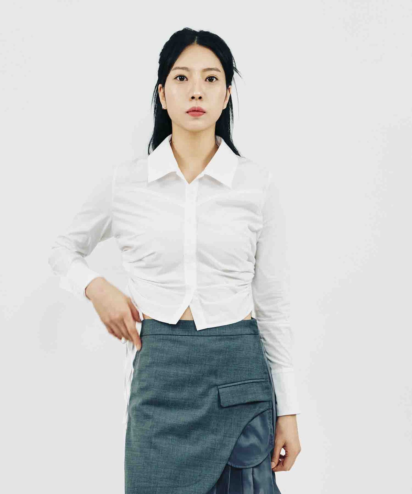 SHIRRING LONG SLEEVE SHIRT_WHITE