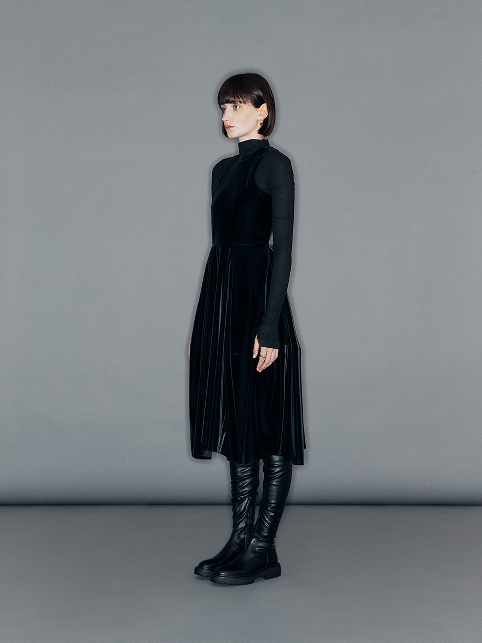 ARIK. ALYA Velvet-like faux leather volume dress Black