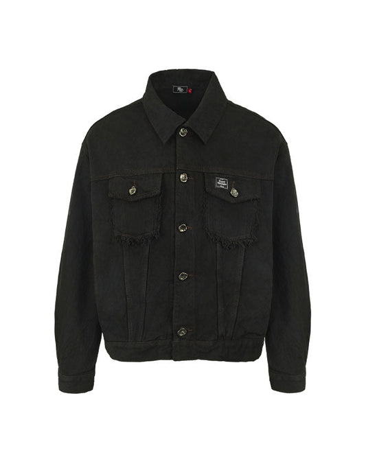 Oksuroad washed black denim trucker jacket