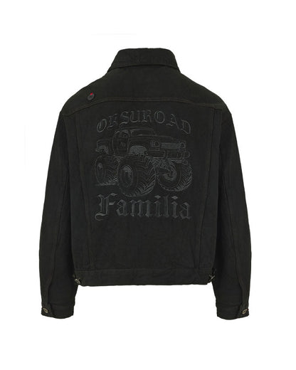 Oksuroad washed black denim trucker jacket