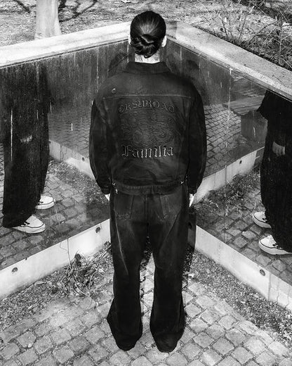 Oksuroad washed black denim trucker jacket