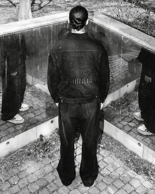Oksuroad washed black denim trucker jacket