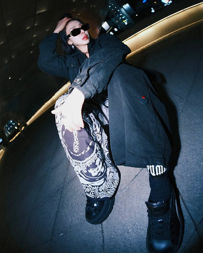 Oksuroad washed black denim trucker jacket