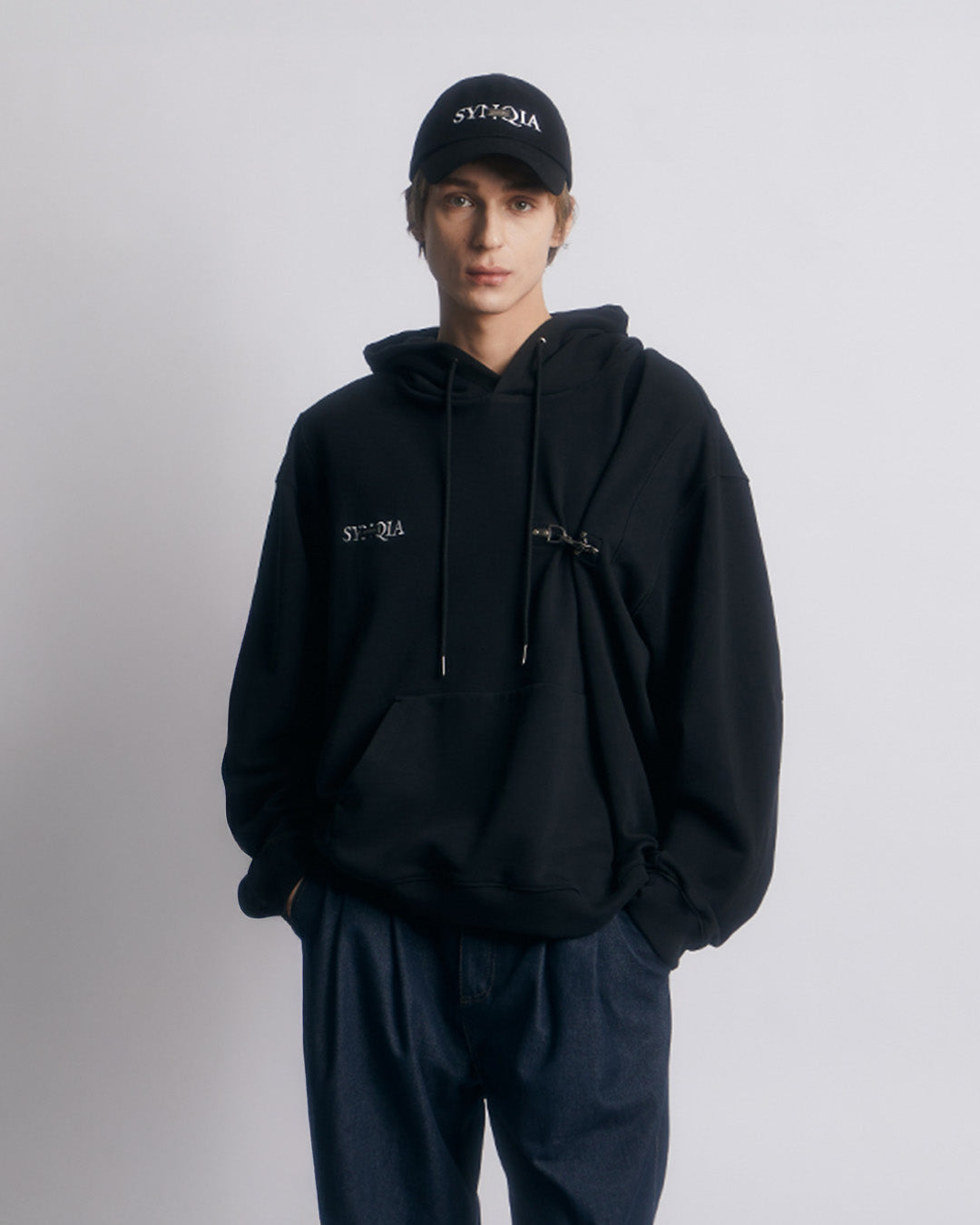 FIREMAN CLASP UNBALANCED HOODIE -BLACK