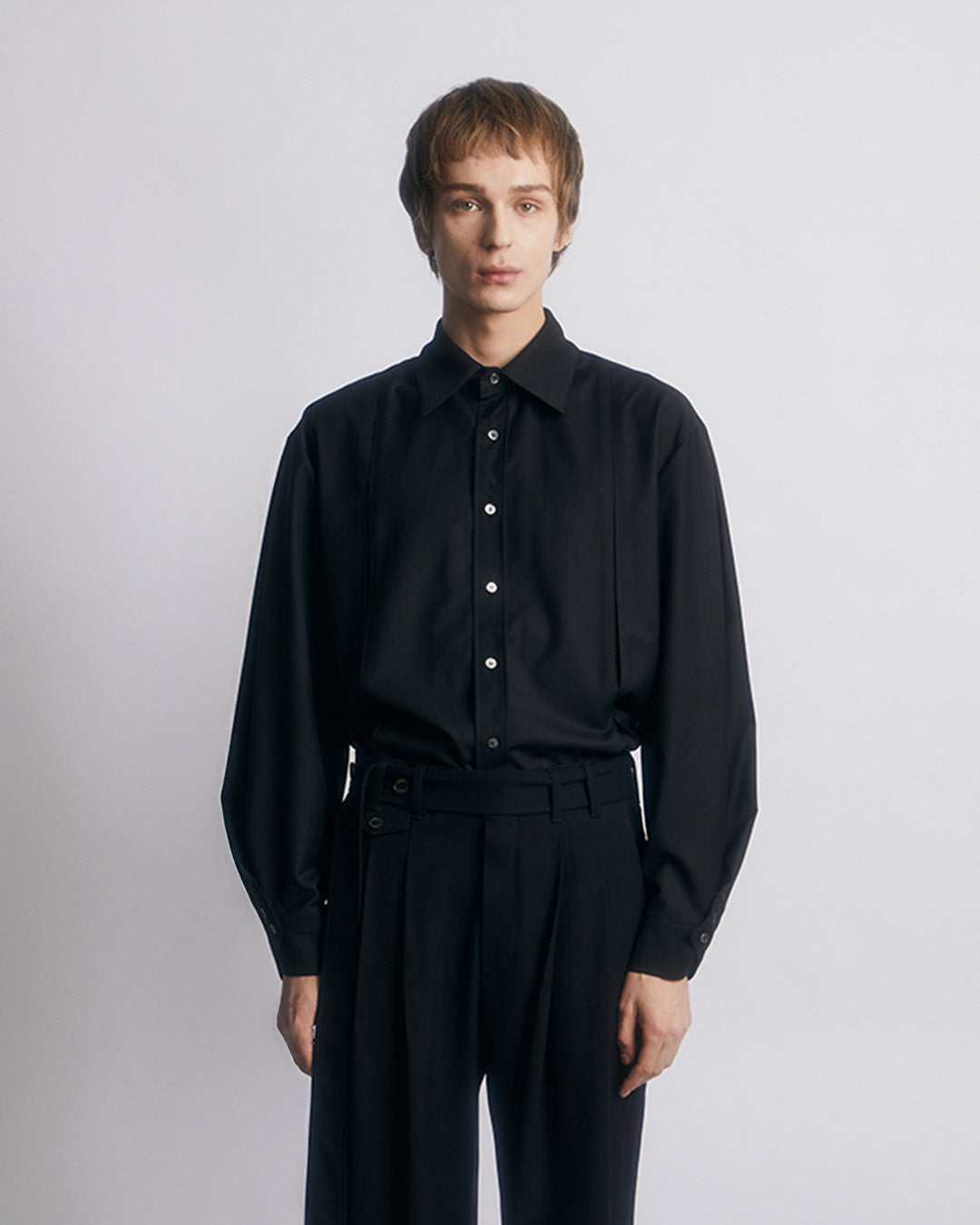 WOOL BLEND INVERTED PLEAT TAILORED SHIRTS BLACK 