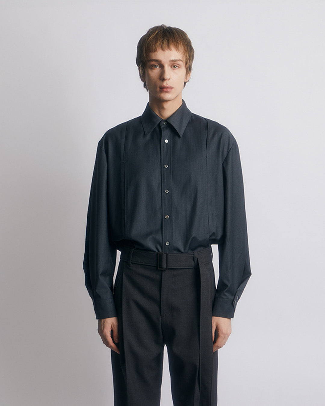 WOOL BLEND INVERTED PLEAT TAILORED SHIRTS GRAY 