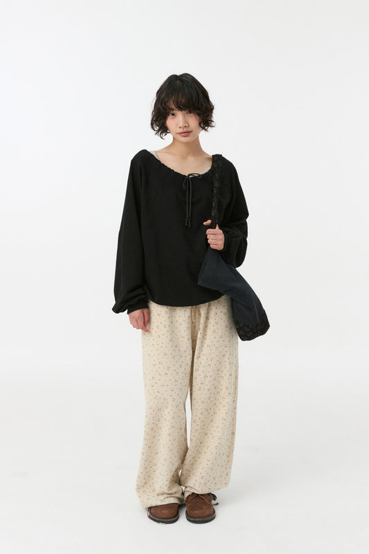 FLORAL CORDUROY BANDING PANTS, BLACK