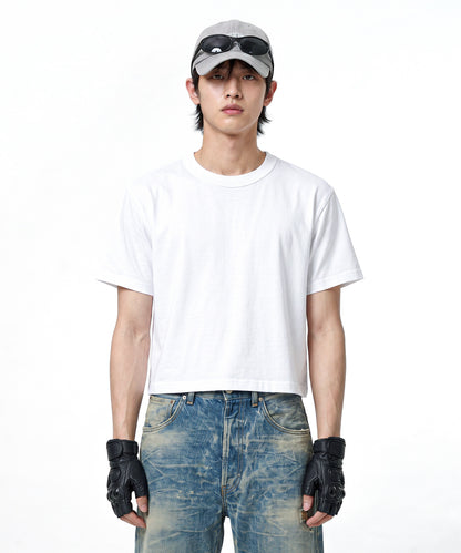【C Wear】Neck Binding Men's Crop T-Shirt White