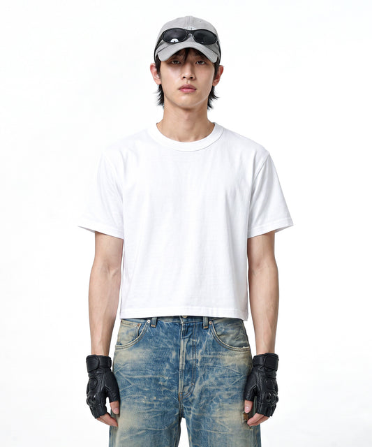 【C Wear シーウエア】Neck Binding Men's Crop T-Shirt White