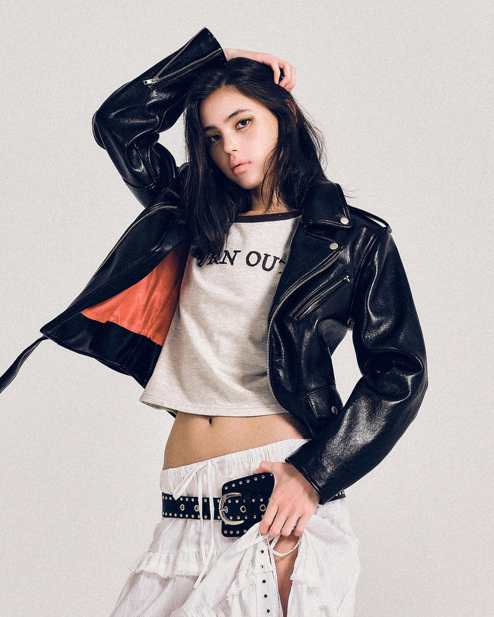 【REVURA レビュ―ラ】BURN OUT FLARE FAUX RIDER JACKET - S (W)