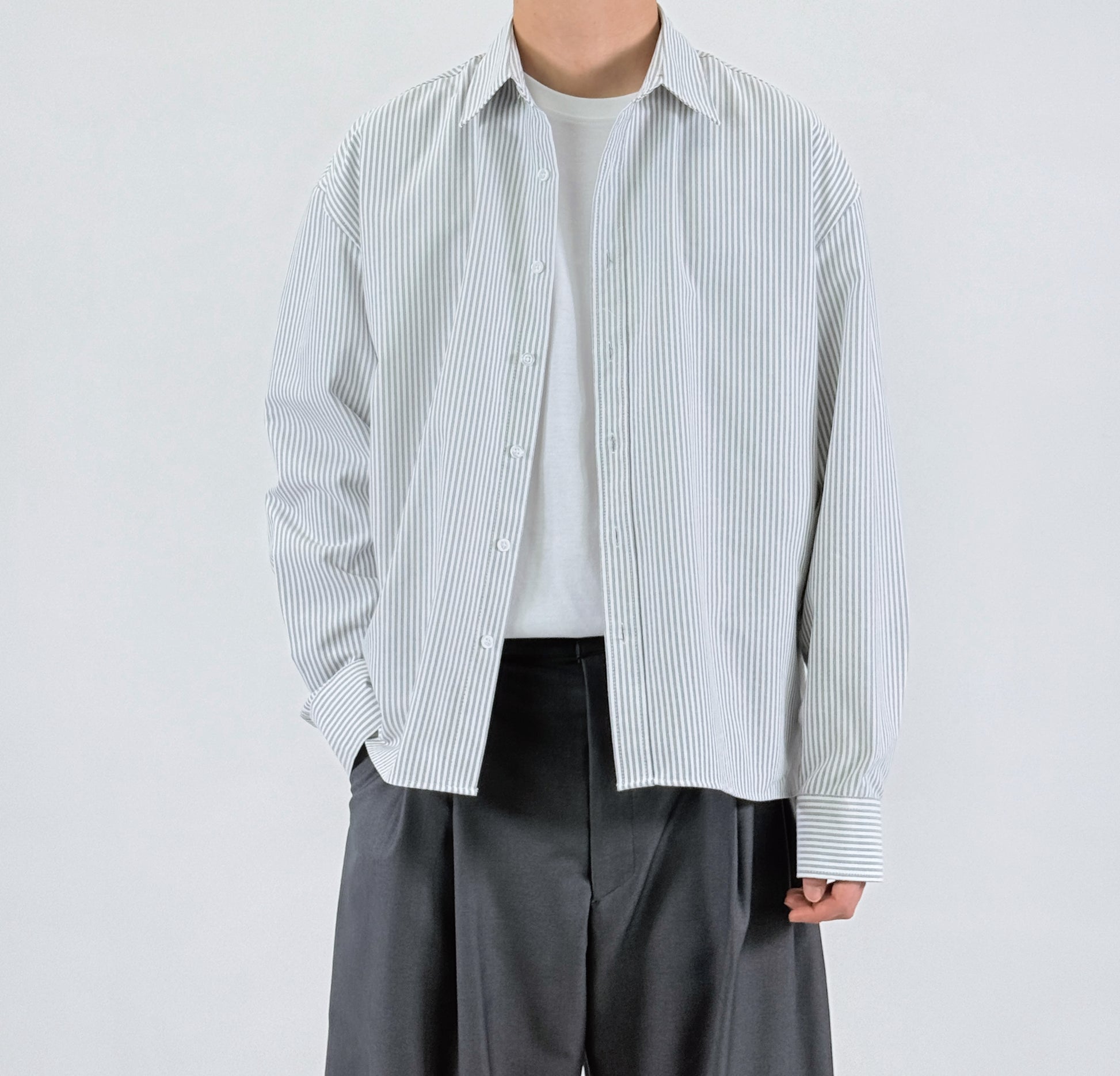 Pinstripe Oversized Shirt - worn front