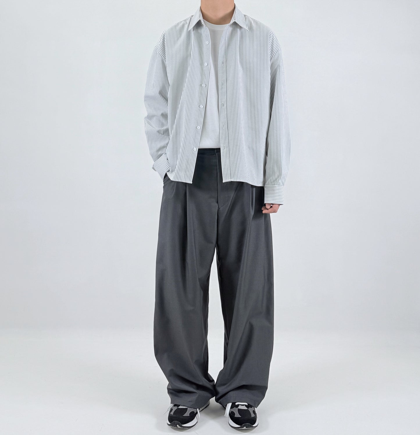Pinstripe Oversized Shirt - worn front
