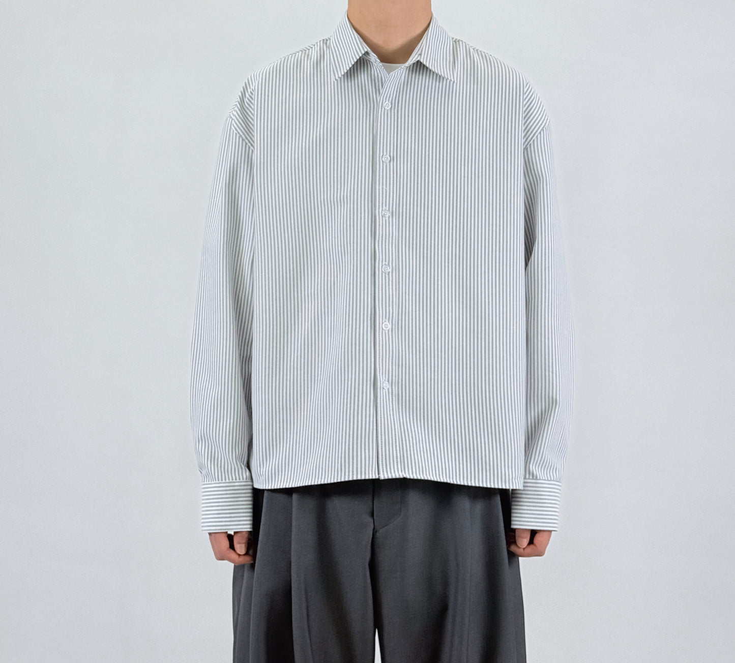 Pinstripe Oversized Shirt - worn front close-up