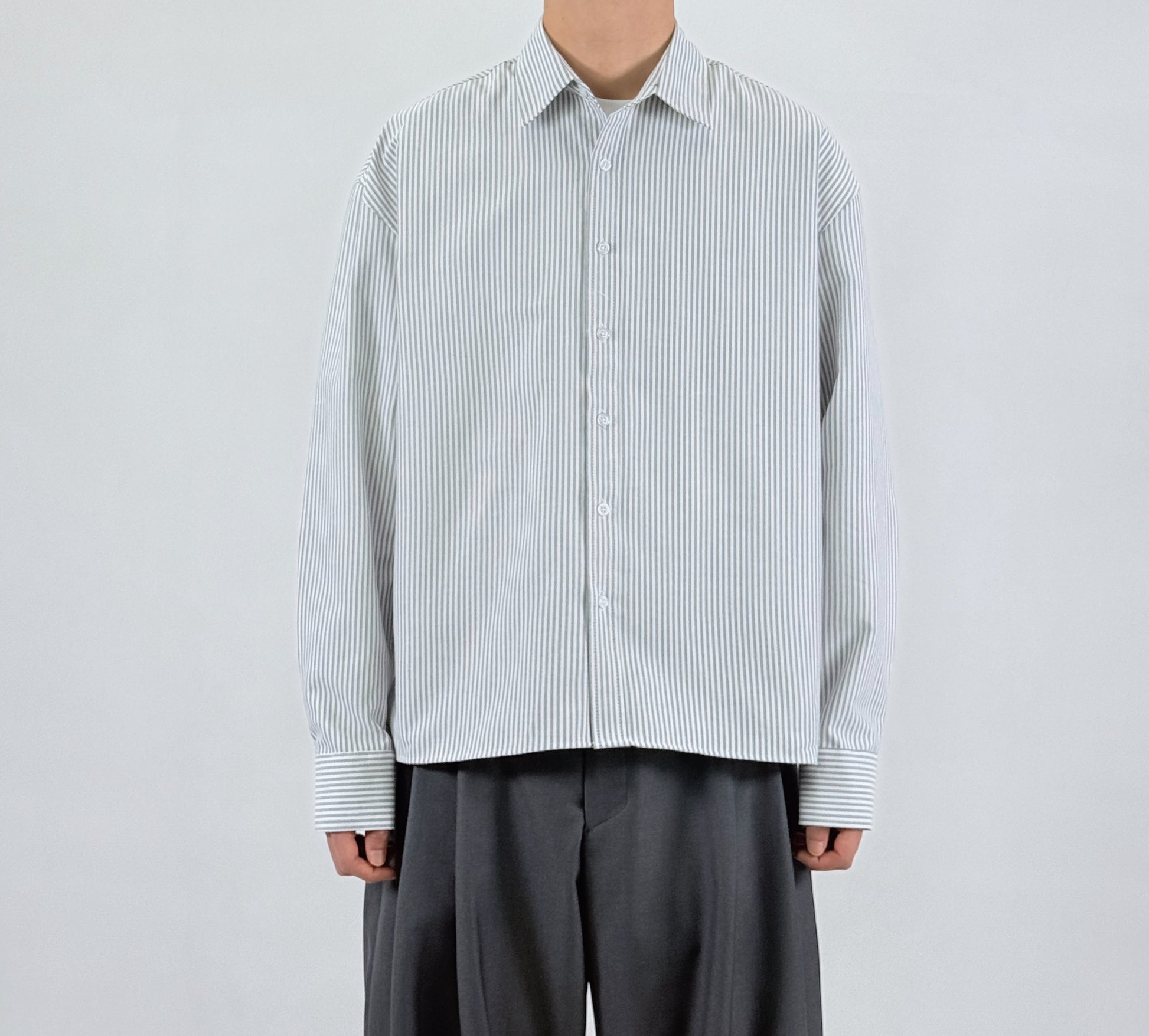 Pinstripe Oversized Shirt - worn front close-up