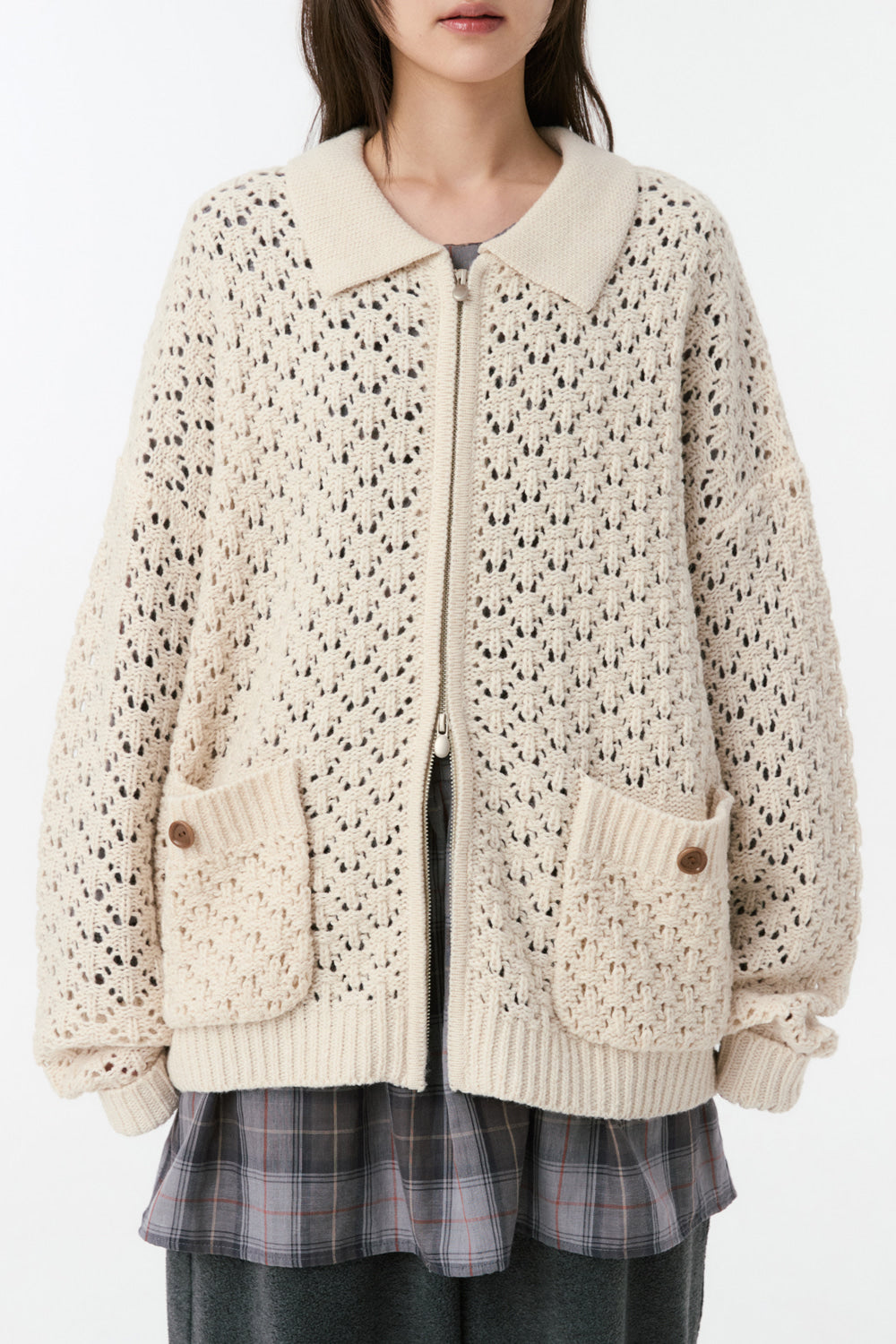 CROCHET KNIT ZIP-UP, CREAM