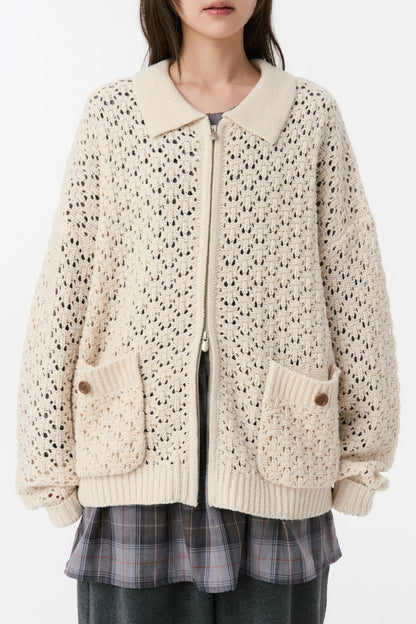 CROCHET KNIT ZIP-UP, CREAM