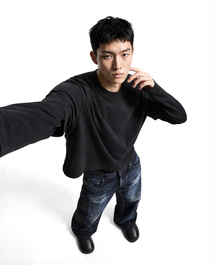 【C Wear シーウエア】Neck Binding Men's Crop T-Shirt Black