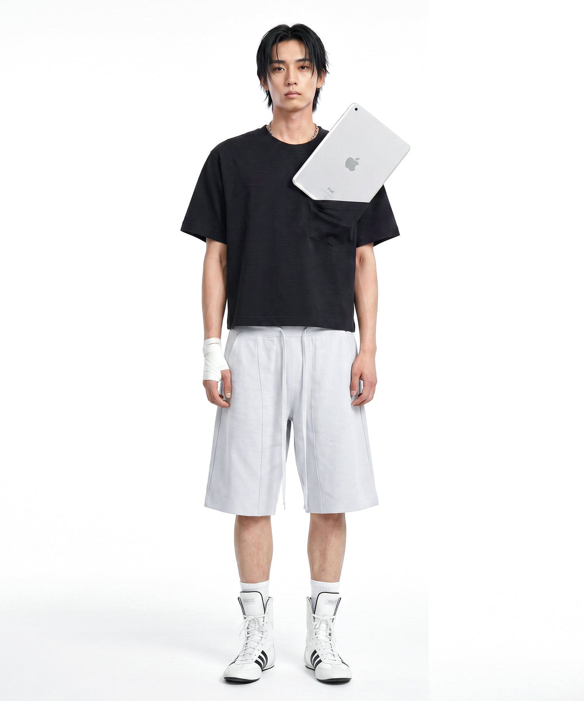 【C Wear】Pocket Men's Crop T-Shirt Black