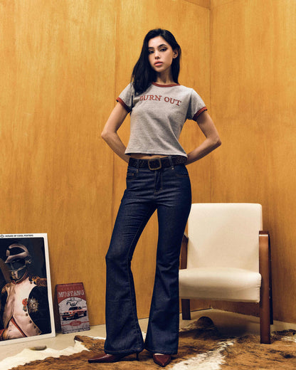 【REVURA レビュ―ラ】BURN OUT FRAY RINGER T-SHIRT GRAY / RED - S (W / CROP FIT)