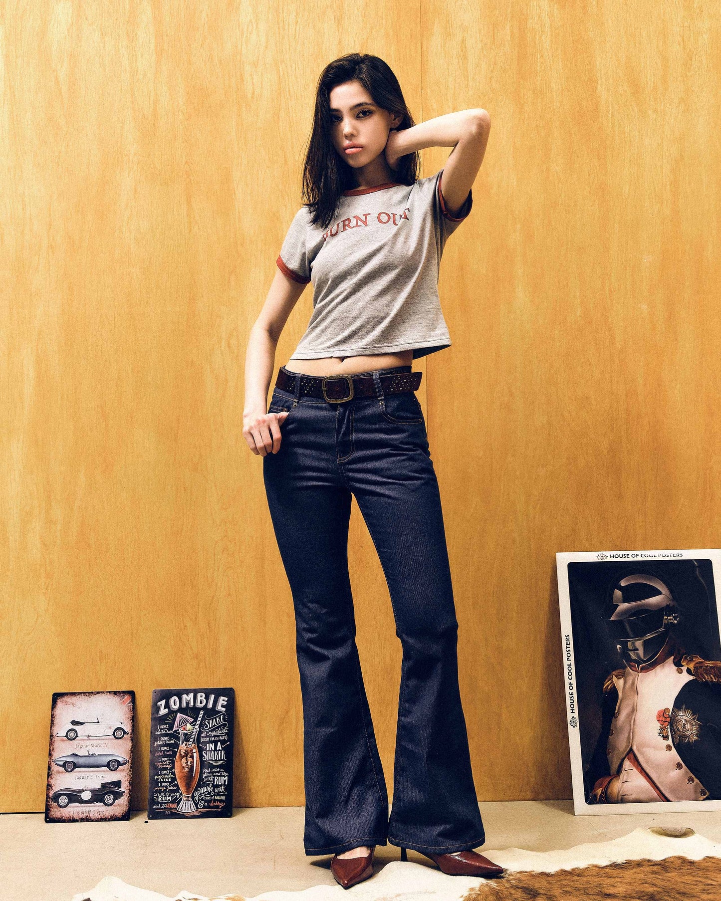 【REVURA レビュ―ラ】BURN OUT FRAY RINGER T-SHIRT GRAY / RED - S (W / CROP FIT)