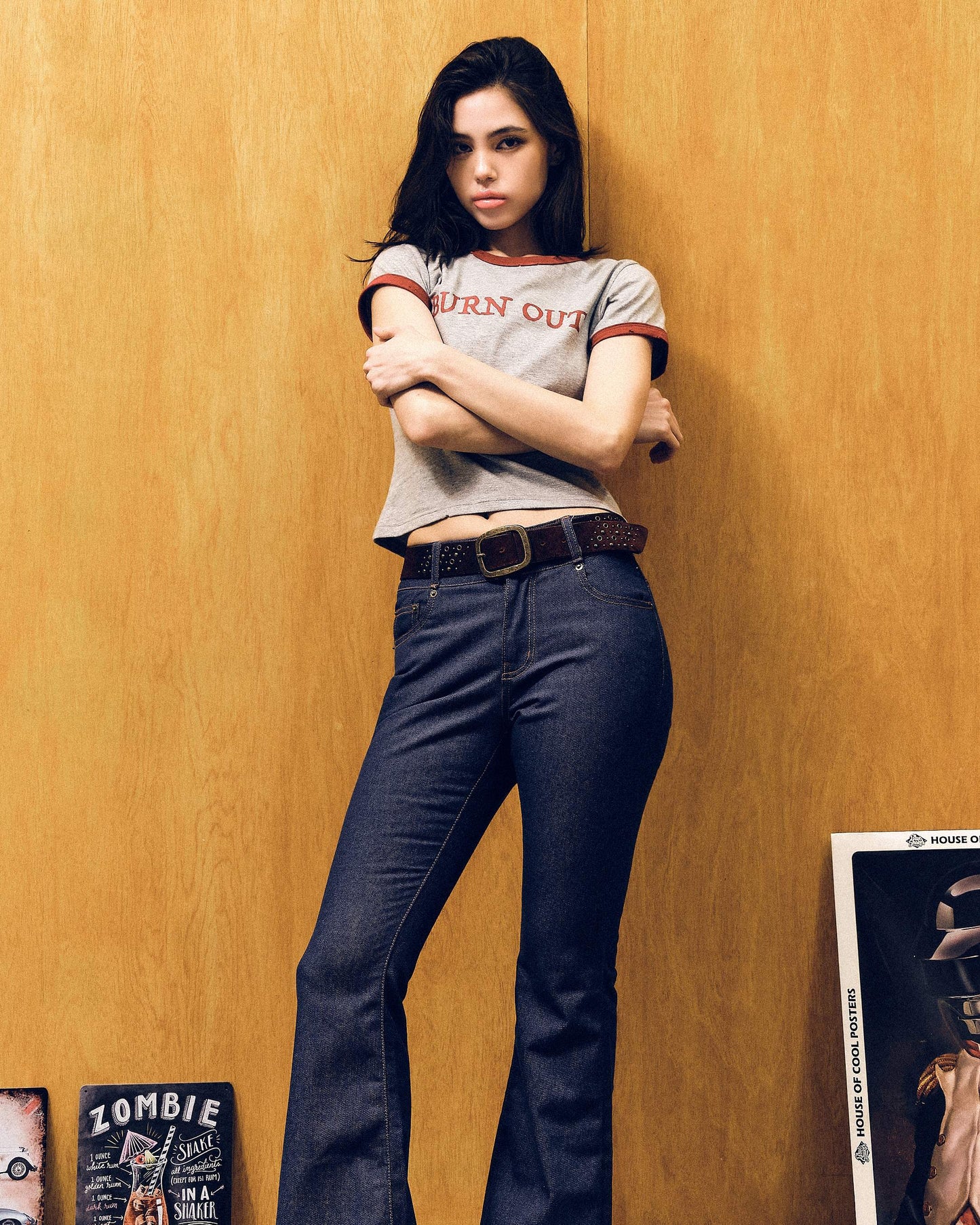 【REVURA レビュ―ラ】BURN OUT FRAY RINGER T-SHIRT GRAY / RED - S (W / CROP FIT)