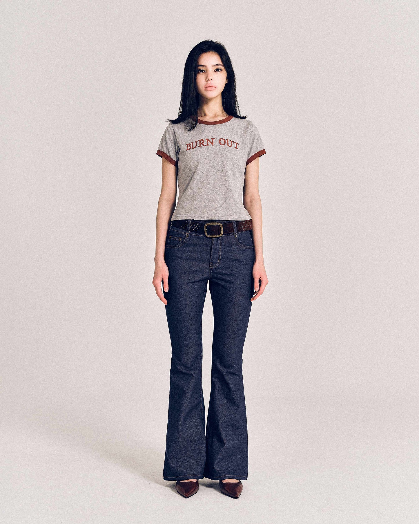 【REVURA レビュ―ラ】BURN OUT FRAY RINGER T-SHIRT GRAY / RED - S (W / CROP FIT)