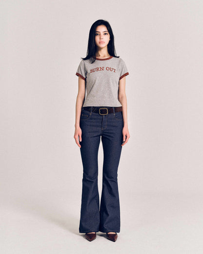 【REVURA レビュ―ラ】BURN OUT FRAY RINGER T-SHIRT GRAY / RED - S (W / CROP FIT)