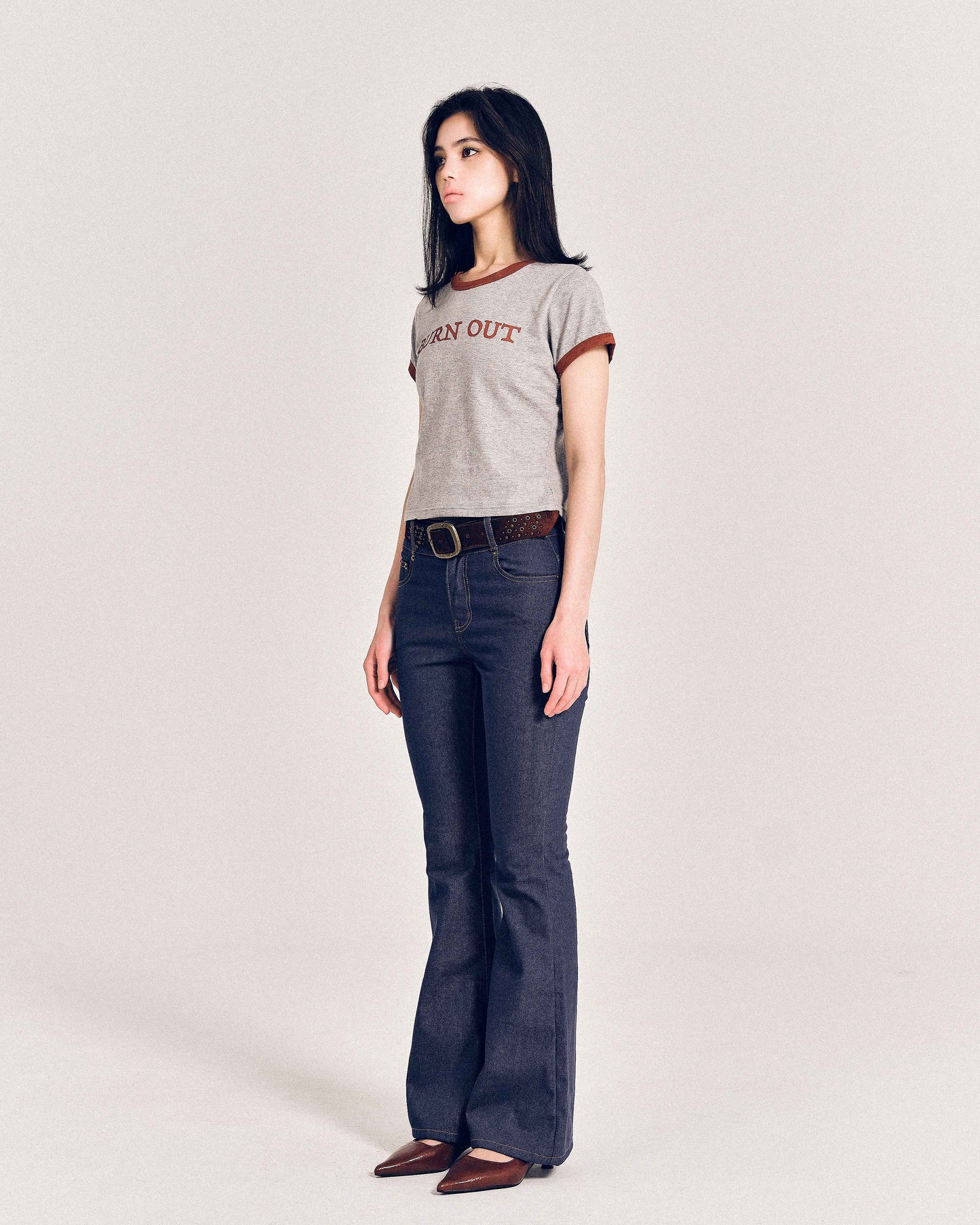 【REVURA レビュ―ラ】BURN OUT FRAY RINGER T-SHIRT GRAY / RED - S (W / CROP FIT)