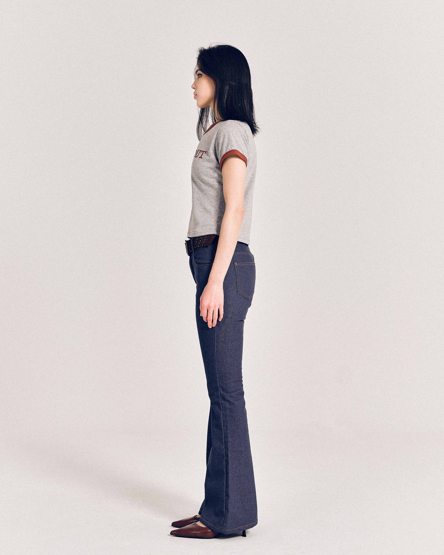 【REVURA レビュ―ラ】BURN OUT FRAY RINGER T-SHIRT GRAY / RED - S (W / CROP FIT)