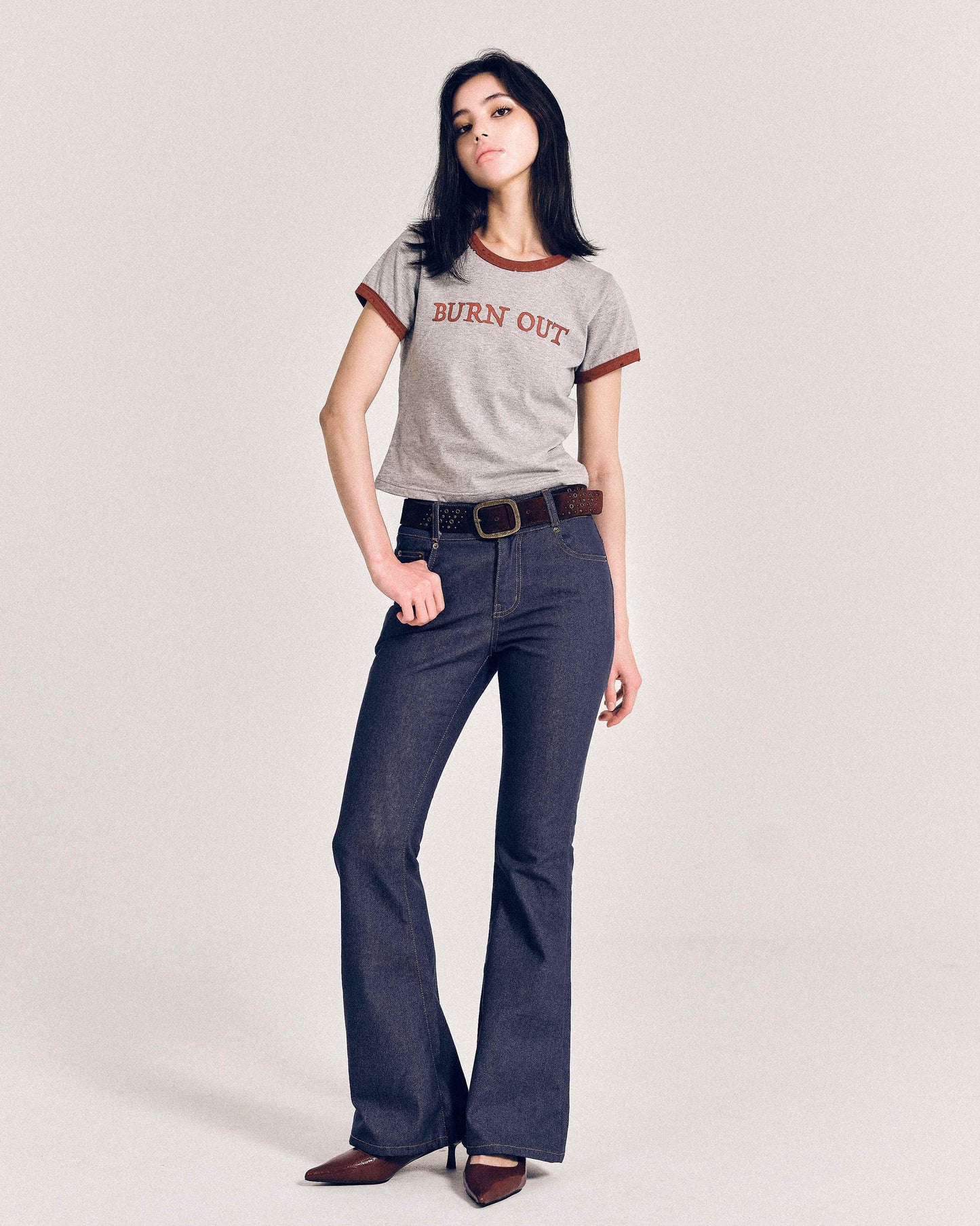 【REVURA レビュ―ラ】BURN OUT FRAY RINGER T-SHIRT GRAY / RED - S (W / CROP FIT)