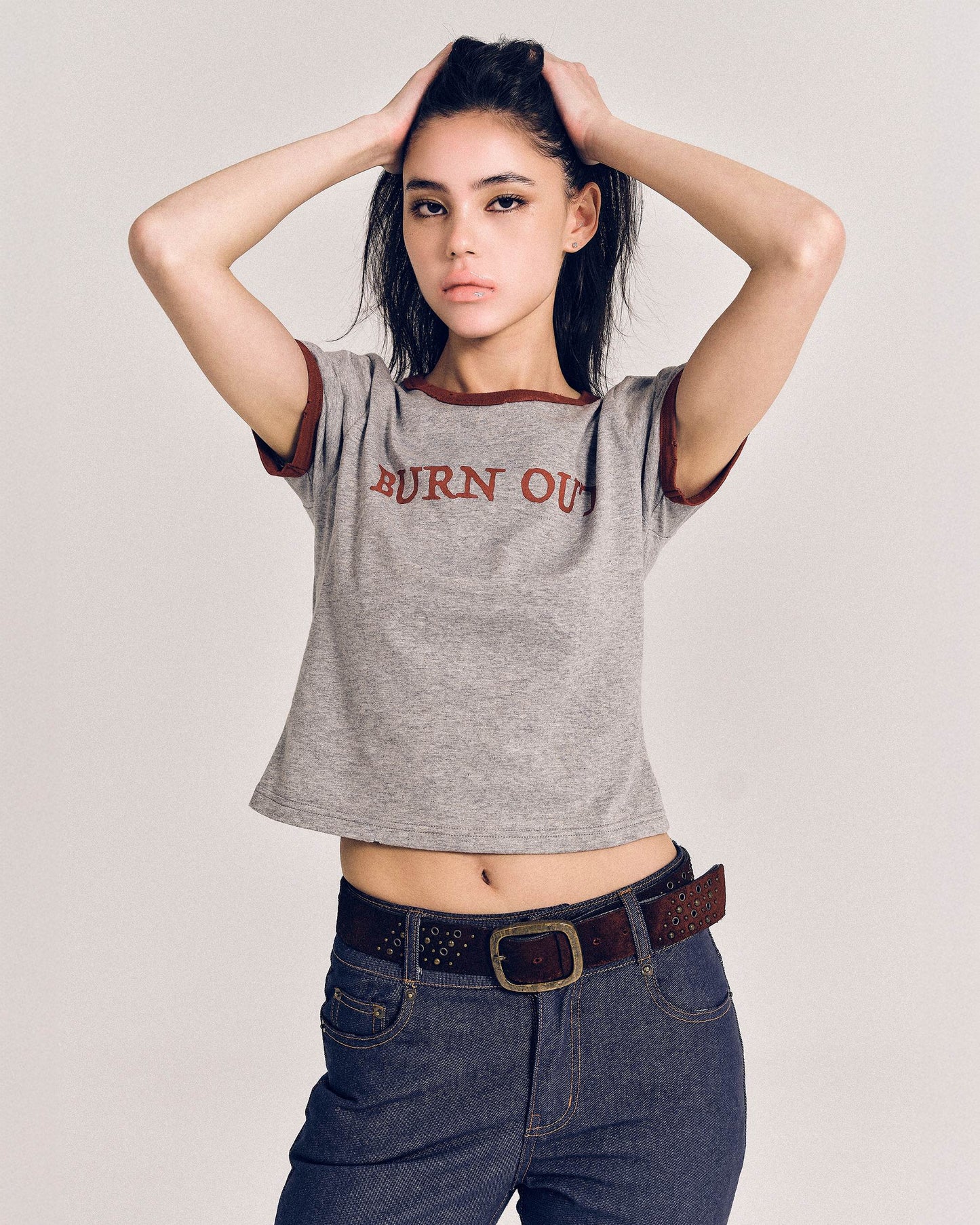 【REVURA レビュ―ラ】BURN OUT FRAY RINGER T-SHIRT GRAY / RED - S (W / CROP FIT)