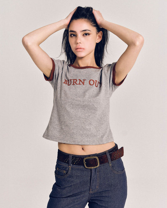 【REVURA レビュ―ラ】BURN OUT FRAY RINGER T-SHIRT GRAY / RED - S (W / CROP FIT)