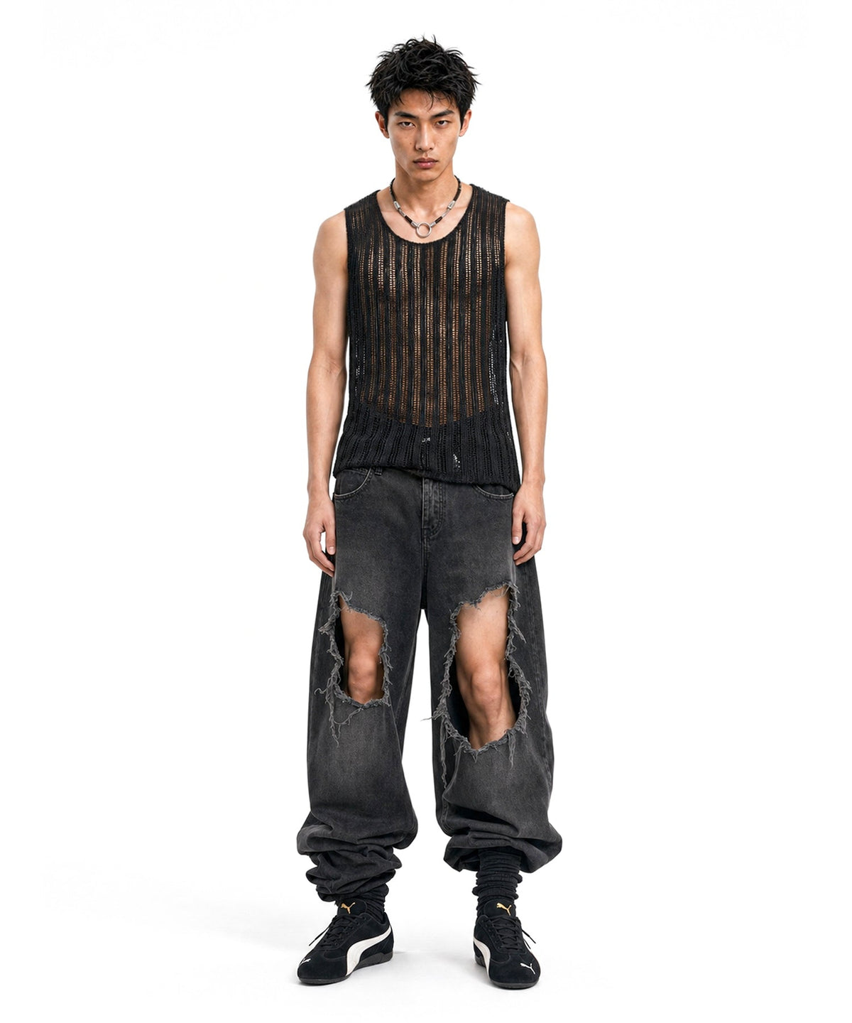 【C Wear シーウエア】SHEER CRAFT KNIT SLEEVELESS BLACK