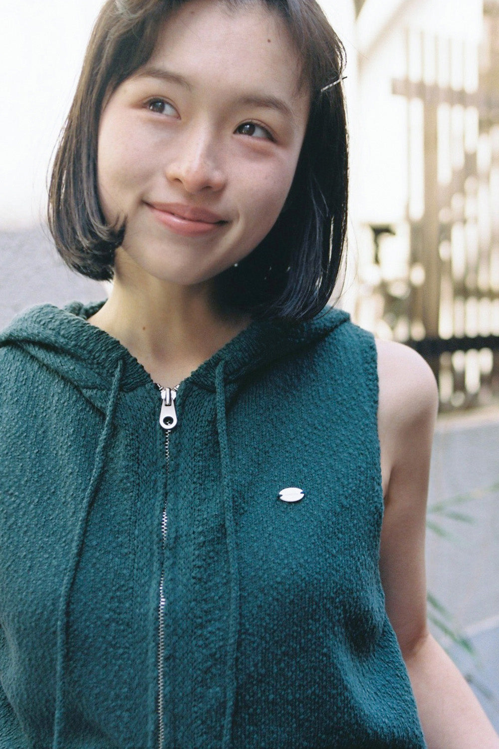 HOODED KNIT ZIP-UP VEST - GREEN 