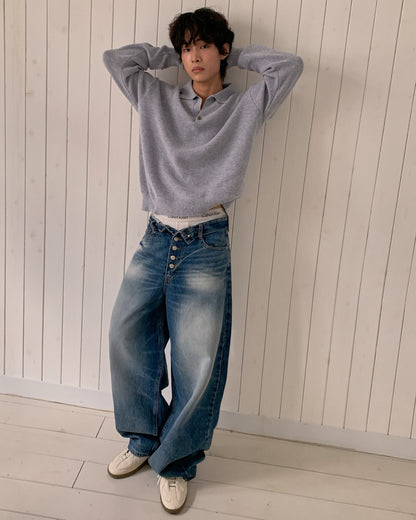 Roll-Down Wide Denim Pants