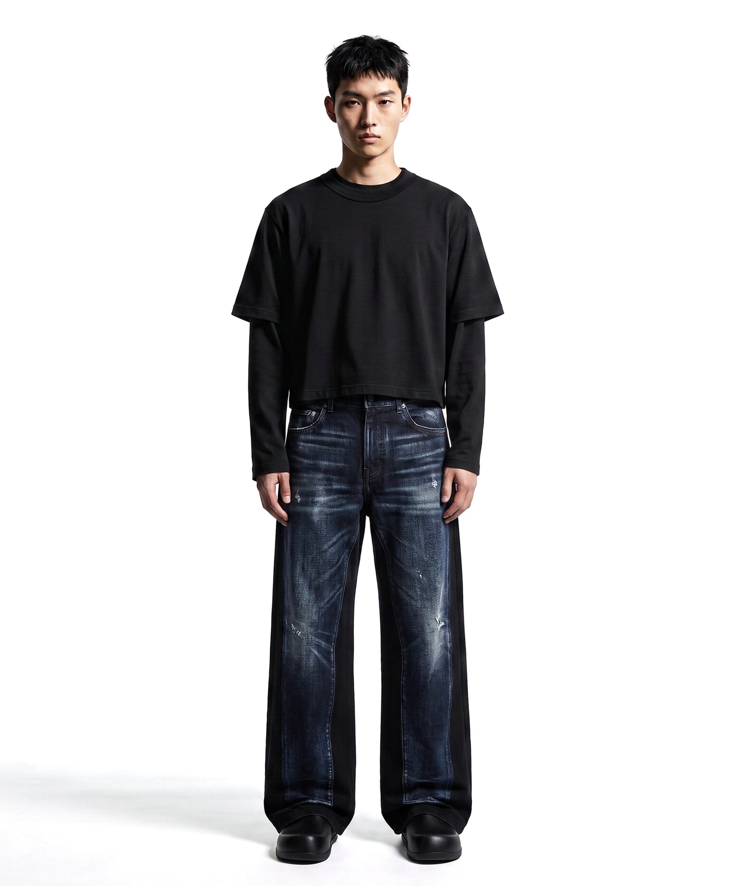 【C Wear】Neck Binding Men's Crop T-Shirt Black