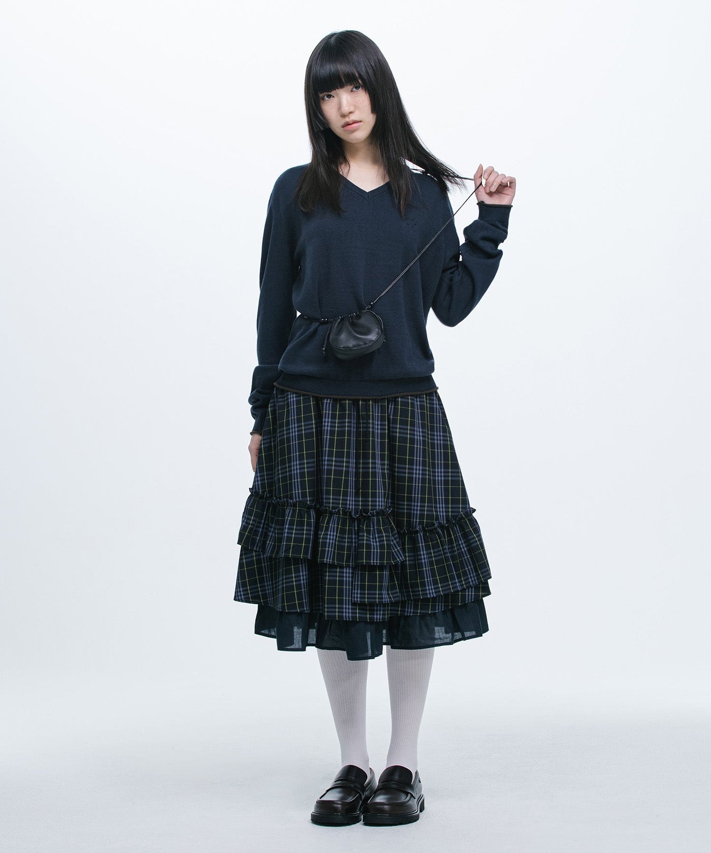 CHECK FRILL MIDI SKIRT, NAVY