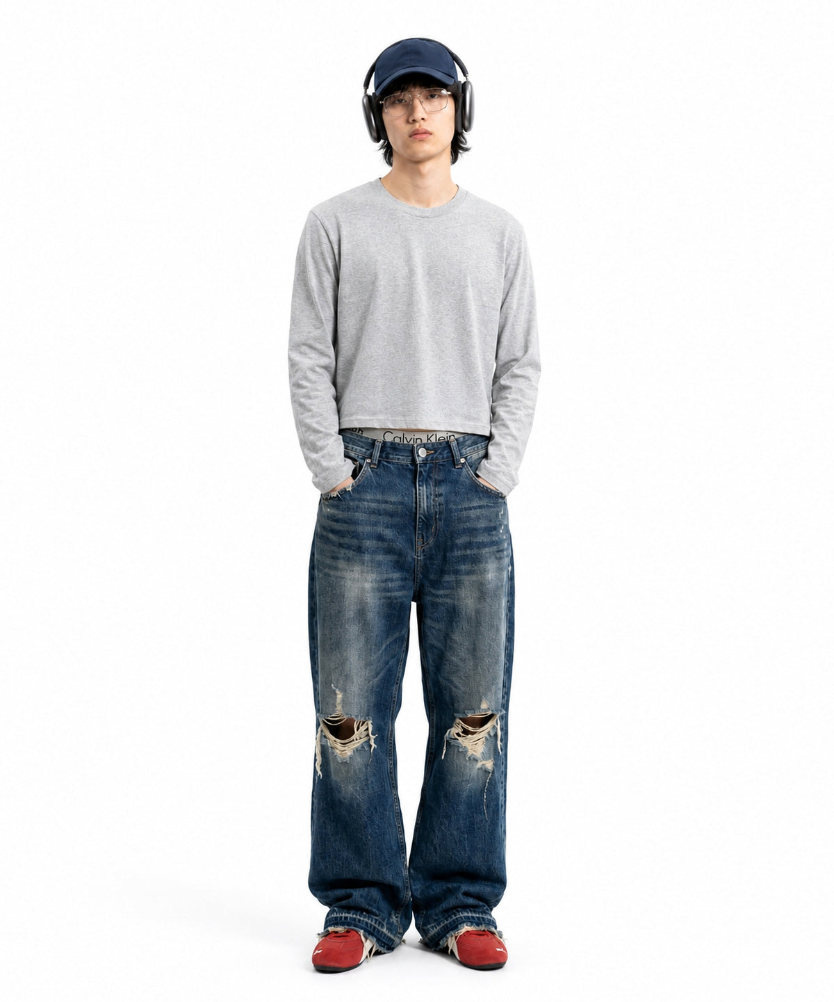 【C Wear シーウエア】Men's Crop Long Sleeve T-Shirt Gray
